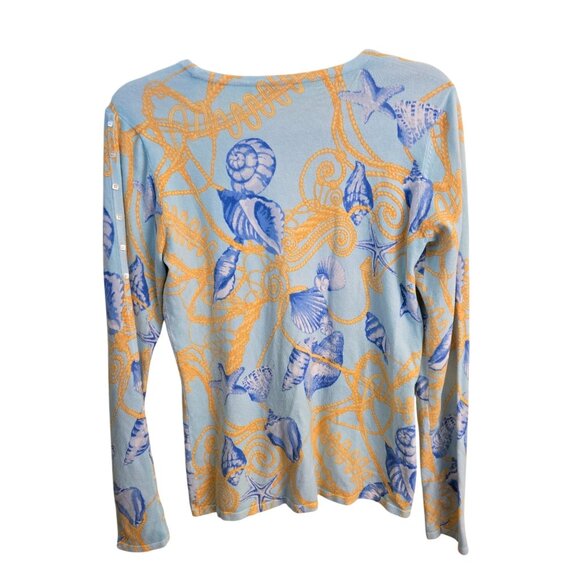 J. Mclaughlin Designer Seashell Yellow Blue Button Sleeve Sweater Size S - Picture 2 of 7